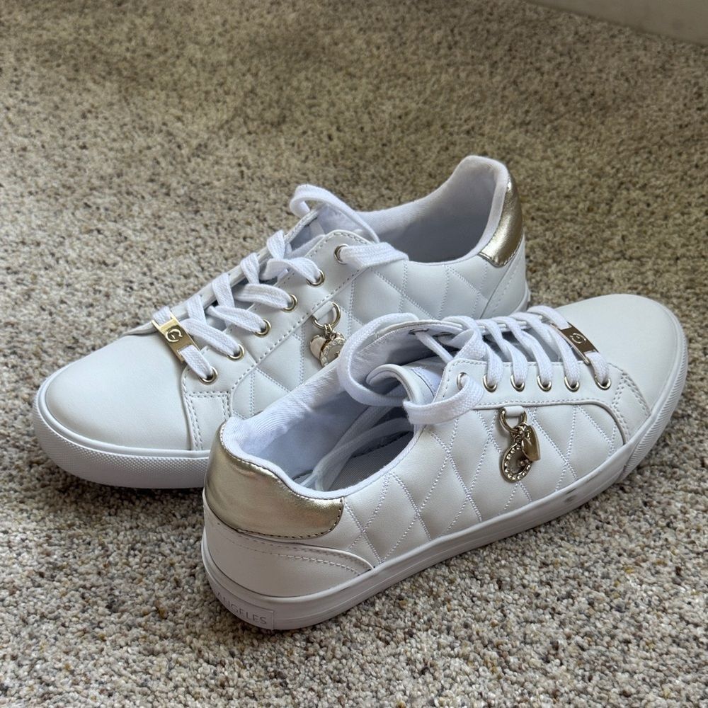 G by Guess White and Gold Quilted Sneakers with charms